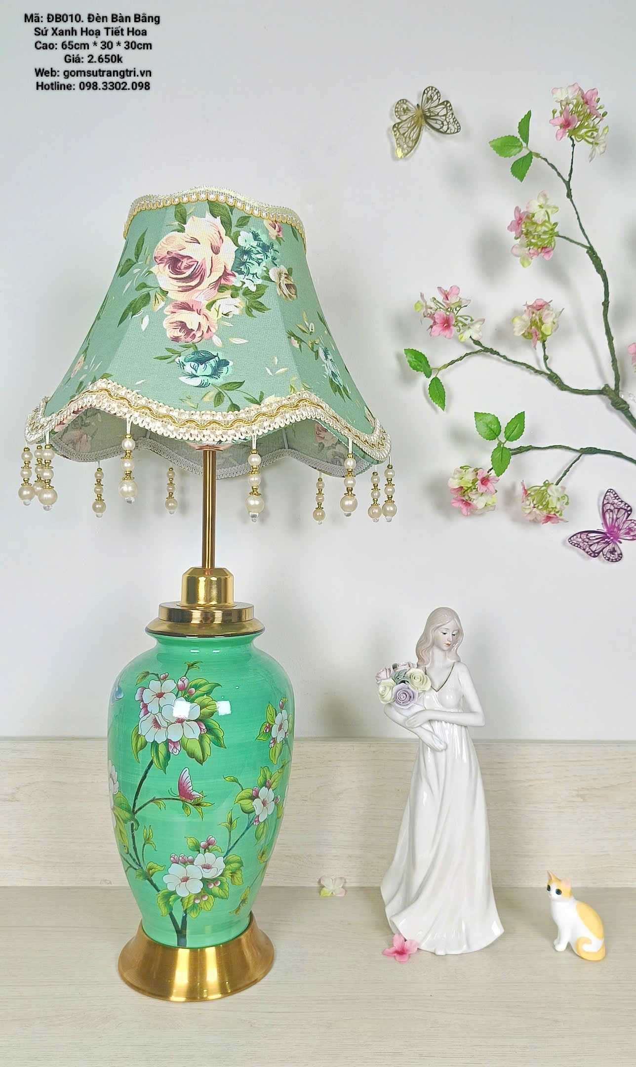 ĐÈN BÀN BẰNG SỨ XANH HỌA TIẾT HOA